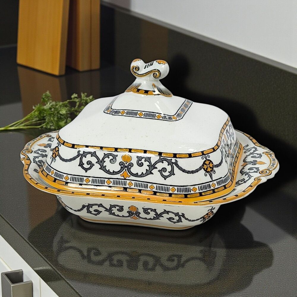 Ridgways “Classic” Gray & Mustard Scroll Covered Casserole Dish England RARE